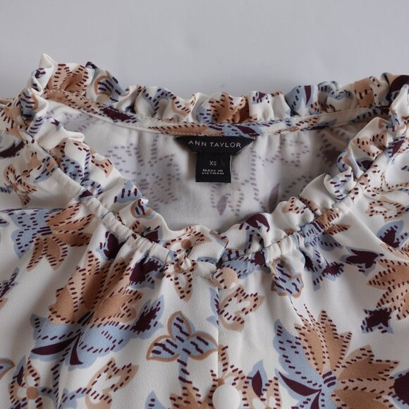 Ann Taylor XS High Neck Ruffle Long Sleeve Floral Blouse - Picture 5 of 7